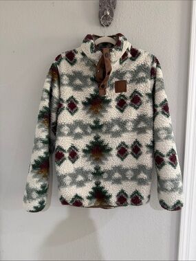 Men's Sherpa Pullover Sweater - Cream with Green & Burgundy Pattern